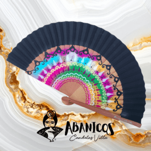 4 Abanico artesanal negro colorido de madera de peral 23 cm Dos caras