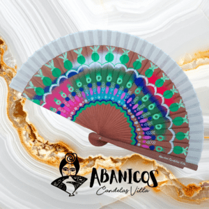 7 Abanico artesanal beige y verde de madera de peral 21 cm Una cara